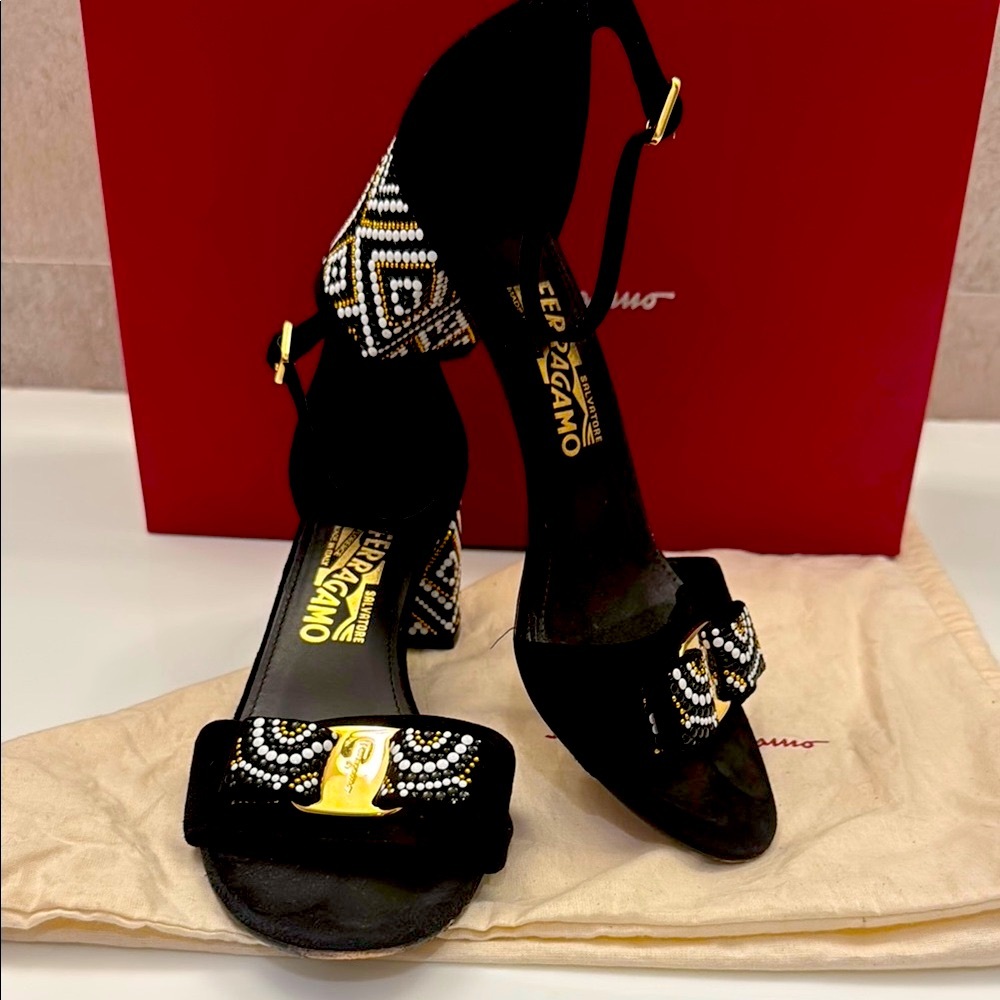 Salvatore Ferragamo Black and Gold Women's Sandals